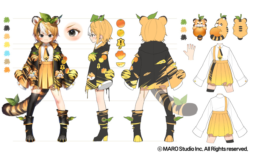 1girl, :3, absurdres, animal_ears, black_hair, black_shoes, blonde_hair, bow, closed_mouth, collared_shirt, color_guide, commentary, copyright_notice, fang, full_body, green_bow, grey_eyes, hair_bow, highres, jacket, multicolored_hair, multicolored_jacket, multiple_views, necktie, official_art, reference_sheet, ryota_(ry_o_ta), second-party_source, shirt, shirt_tucked_in, shoes, single_thighhigh, skirt, sleeves_past_fingers, sleeves_past_wrists, standing, streaked_hair, tail, thigh-highs, tiger_ears, tiger_girl, tiger_tail, tomomi_toraya, v&amp;u_entertainment, virtual_youtuber, white_background, white_hair, white_shirt, yellow_jacket, yellow_necktie, yellow_skirt