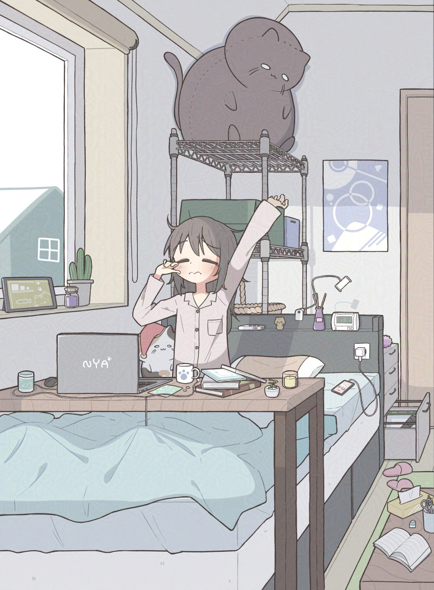 1girl, absurdres, adversarial_noise, alarm_clock, arm_up, black_hair, blanket, buttons