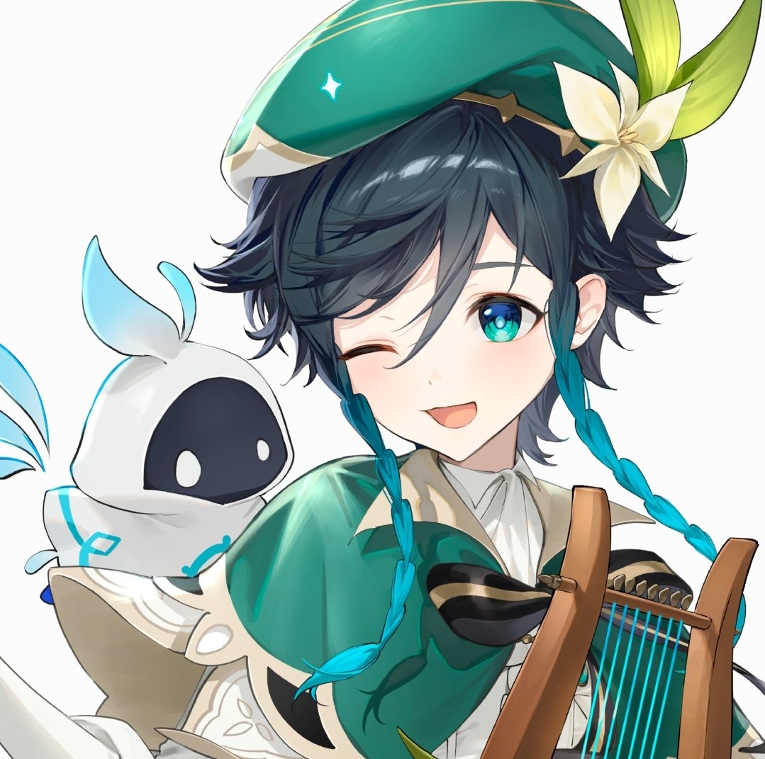 1boy, aqua_eyes, barbatos_(genshin_impact), black_hair, blush, braid, capelet, flower