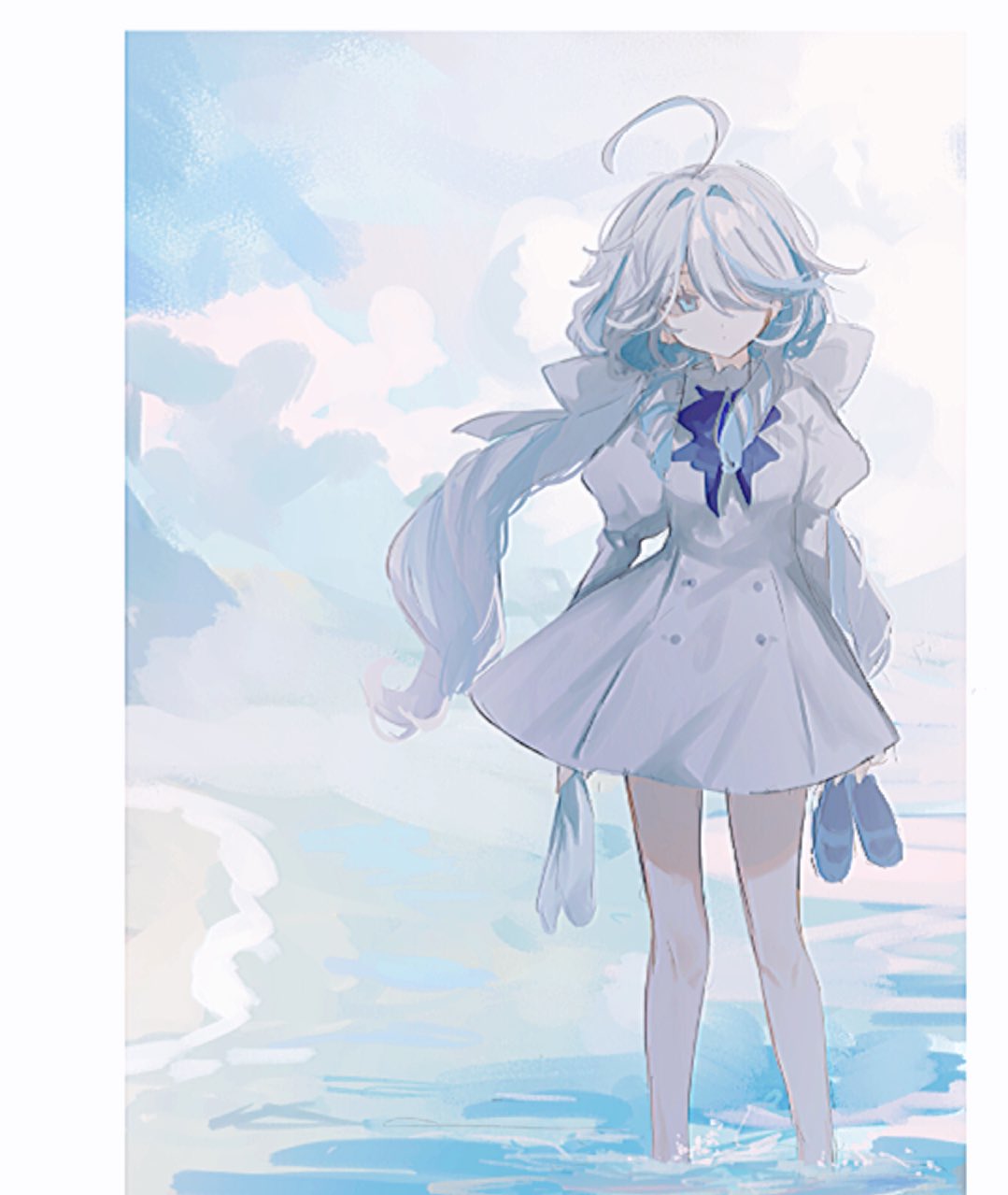 1girl, ahoge, arms_at_sides, bare_legs, blue_bow, blue_bowtie, blue_brooch, blue_eyes, blue_hair, blue_shoes, blue_sky, blue_streaks, blue_theme, bow, bowtie, brooch, buttons, closed_mouth, clouds, cloudy_sky, day, dot_mouth, dot_nose, double-breasted, dress, drill_hair, drill_sidelocks, expressionless, furina_(genshin_impact), furina_(old_design)_(genshin_impact), genshin_impact, hair_bow, hair_intakes, hair_over_one_eye, highres, holding, holding_shoes, huge_ahoge, inagoinaire, jewelry, juliet_sleeves, large_bow, long_hair, long_sleeves, low_twintails, multicolored_hair, ocean, one_eye_covered, puffy_sleeves, shoes, short_dress, sidelocks, sky, solo, streaked_hair, twin_drills, twintails, unworn_shoes, wading, white_bow, white_dress, white_hair