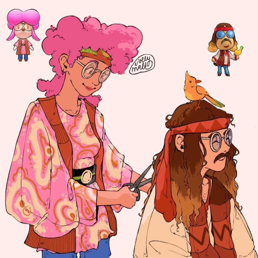 animal_crossing, brown_hair, cutting_hair, gijinka, glasses, harriet_(animal_crossing), harvey_(animal_crossing), highres