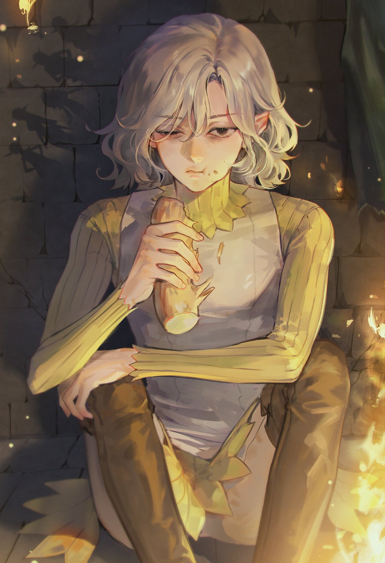 1boy, bags_under_eyes, black_eyes, boots, commentary_request, dungeon_meshi, eating, elf