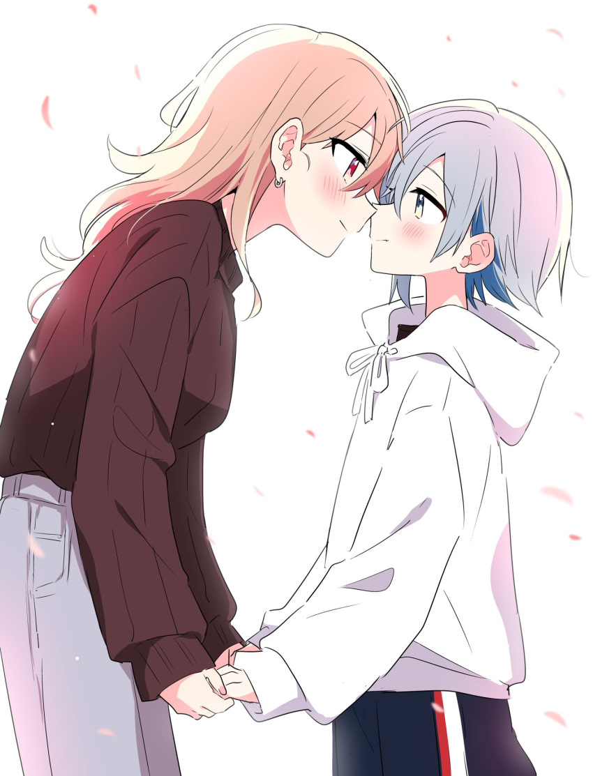 2girls, blue_hair, doushitara_osananajimi_no_kanojo_ni_naremasu_ka!?, eye_contact, highres, holding_hands, ikoma_minami_(osakano), long_hair