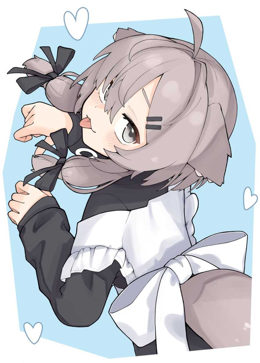 1girl, :3, :p, ahoge, animal_ear_fluff, animal_ears, apron, back_bow, black_bow, black_dress, black_ribbon, black_shirt, blue_background, blush, bone_hair_ornament, bow, brown_eyes, brown_hair, closed_mouth, dog_ears, dog_girl, dog_tail, dress, frilled_apron, frills, from_above, from_behind, grey_eyes, grey_hair, grey_tail, hair_between_eyes, hair_bow, hair_ornament, hair_over_one_eye, hair_ribbon, hairclip, hands_up, heart, highres, long_hair, long_sleeves, looking_at_viewer, looking_back, low_twintails, mafuyu_(vrchat), maid, maid_apron, medium_hair, oekakimuzui_vrc, paw_pose, ribbon, shirt, short_hair_with_long_locks, simple_background, sleeves_past_wrists, smile, solo, tail, tongue, tongue_out, twintails, two-tone_background, upper_body, vrchat, white_apron, white_background