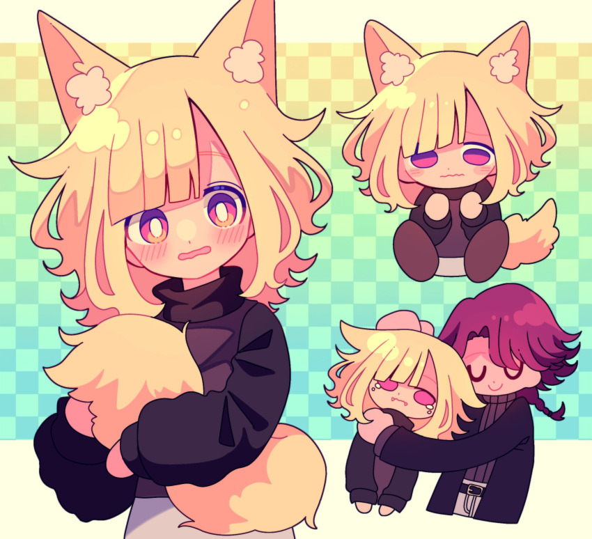 1boy, 1girl, animal_ear_fluff, animal_ears, black_jacket, black_sweater, blonde_hair, blush, checkered_background, closed_eyes, closed_mouth, deformed, embarrassed, fangs, fox_ears, fox_girl, fox_tail, gradient_background, hair_flaps, hashtag-only_commentary, highres, holding_own_tail, hug, jacket, kemonomimi_mode, long_sleeves, looking_at_another, looking_at_viewer, medium_hair, multiple_views, nervous, ohamihaeru, open_clothes, open_jacket, original, parted_bangs, parted_lips, pink_eyes, purple_hair, smile, sweater, tail, tearing_up, turtleneck, turtleneck_sweater, u_u, urotsuki, violet_eyes, wavy_mouth, yume_2kki