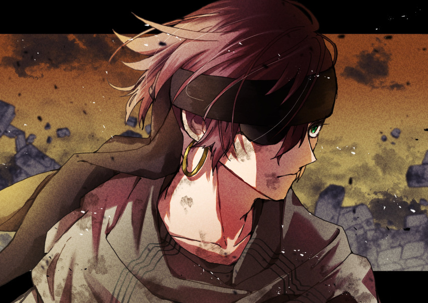 1boy, absurdres, bandana, black_cloud, black_stripes, broken_wall, brown_bandana, cloak, clouds, d.gray-man, debris, dirt, dirty, dirty_clothes, dirty_face, earrings, eyepatch, floating_hair, gradient_sky, green_eyes, grey_cloak, hair_between_eyes, highres, hoop_earrings, jewelry, lavi, looking_ahead, male_focus, one_eye_covered, orange_sky, red_hair, short_hair, sidelocks, sky, smoke, solo, stone_wall, striped_cloak, sunset, uyu_ww, wreckage, yellow_sky