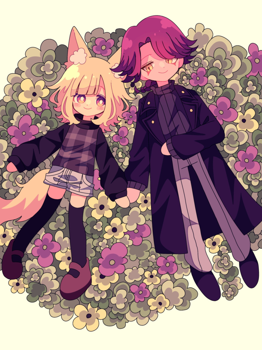 1boy, 1girl, absurdres, animal_ear_fluff, animal_ears, black_coat, black_shoes, black_sweater