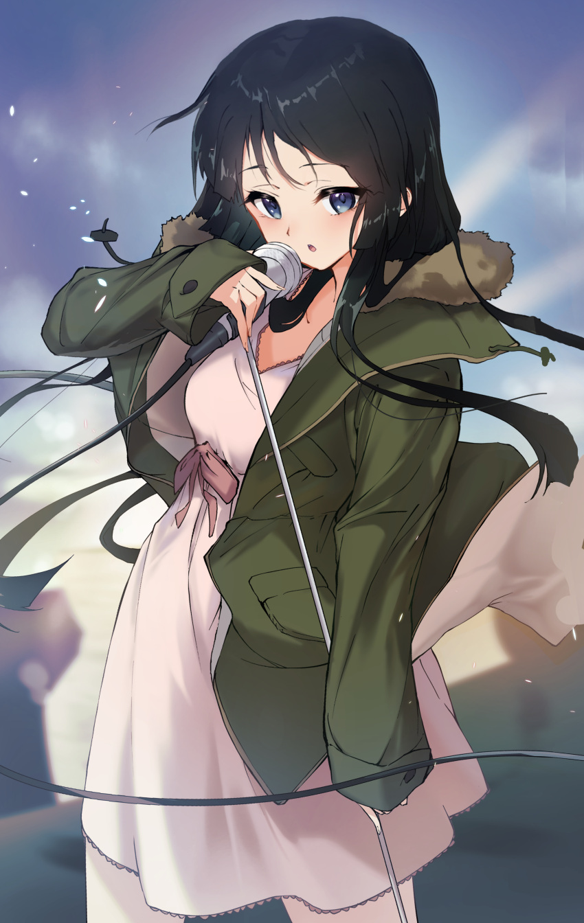 1girl, absurdres, akiyama_mio, black_hair, dress, highres, holding, holding_microphone