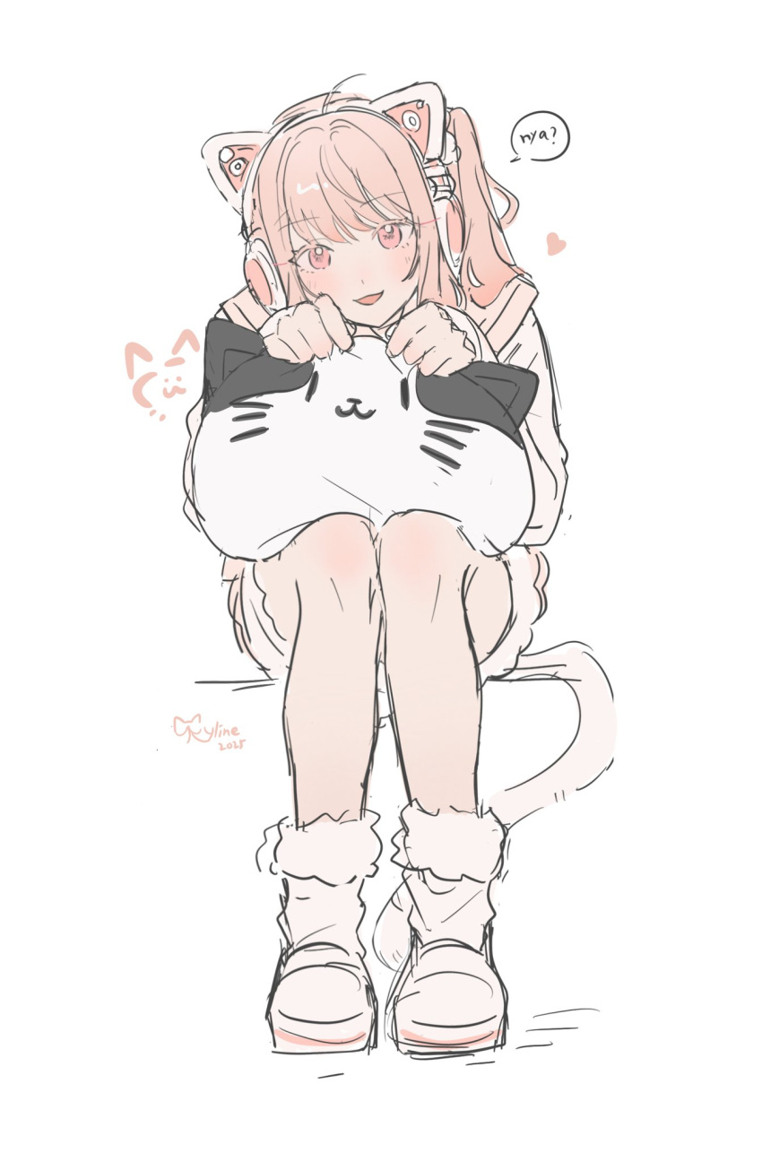 1other, :3, akiyama_mizuki, animal-shaped_pillow, animal_ear_headphones, animal_ears, blush, cat-shaped_pillow