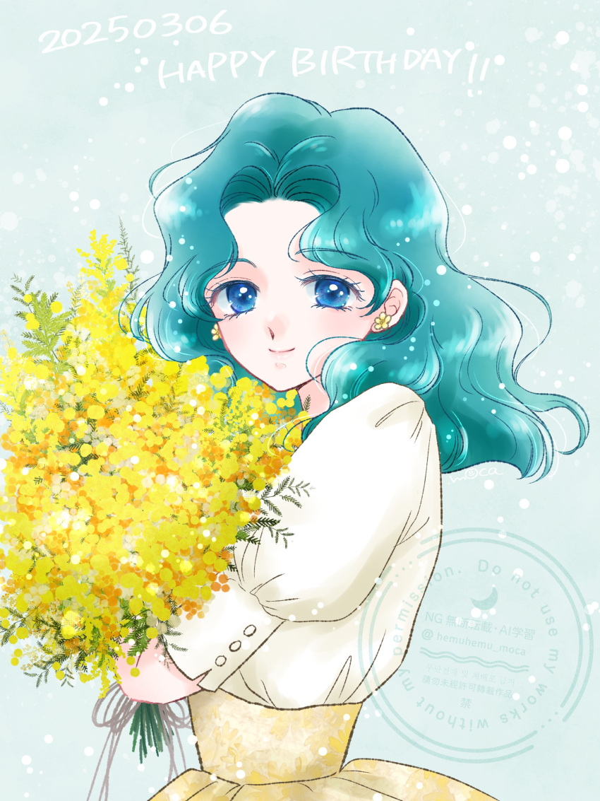 1girl, absurdres, bishoujo_senshi_sailor_moon, blue_eyes, bouquet, commentary_request, cowboy_shot, dated