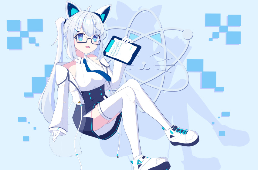 1girl, :3, :d, absurdres, ahoge, animal_ear_headphones, animal_ears, bare_shoulders, black-framed_eyewear, black_skirt, blue_background, blue_eyes, blue_necktie, blue_skirt, blush, breasts, buttons, cat_ear_headphones, cat_ears, clipboard, collared_shirt, drawing_tablet, fake_animal_ears, fang, full_body, glasses, gloves, hair_between_eyes, hair_ornament, hairclip, hand_up, headphones, high-waist_skirt, highres, holding, holding_clipboard, holding_stylus, invisible_chair, jacket, knees_together_feet_apart, light_blush, long_hair, long_sleeves, looking_at_viewer, medium_breasts, miniskirt, necktie, off-shoulder_jacket, off_shoulder, open_clothes, open_jacket, open_mouth, rectangular_eyewear, sapphy_(vrchat), semi-rimless_eyewear, shirt, shoes, short_necktie, side_ponytail, sidelocks, sitting, skin_fang, skirt, sleeveless, sleeveless_shirt, smile, sneakers, solo, stylus, thigh-highs, triangle_hair_ornament, twintails, under-rim_eyewear, user_pzgt3245, very_long_hair, vrchat, white_gloves, white_hair, white_jacket, white_shirt, white_thighhighs, wing_collar