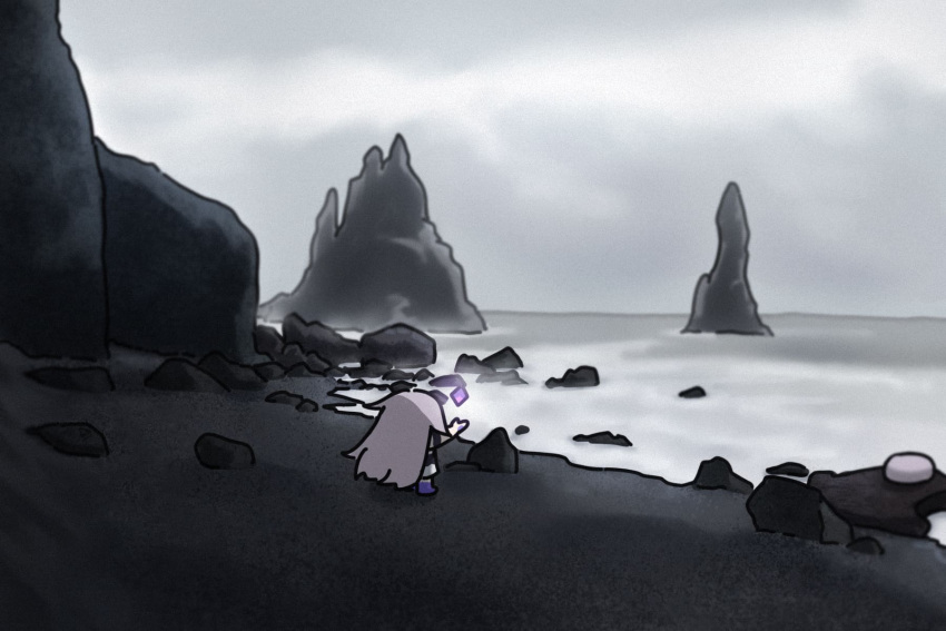 1girl, back, beach, bing_huyue, black_sand, facing_away, gem, grey_sky, hair_flaps, hand_jewel, highres, hololive, hololive_english, iceland, koseki_bijou, koseki_bijou_(1st_costume), long_hair, pebble_(koseki_bijou), purple_gemstone, purple_hair, purple_shoes, real_world_location, reynisfjara, sanding, shoes, sky, virtual_youtuber