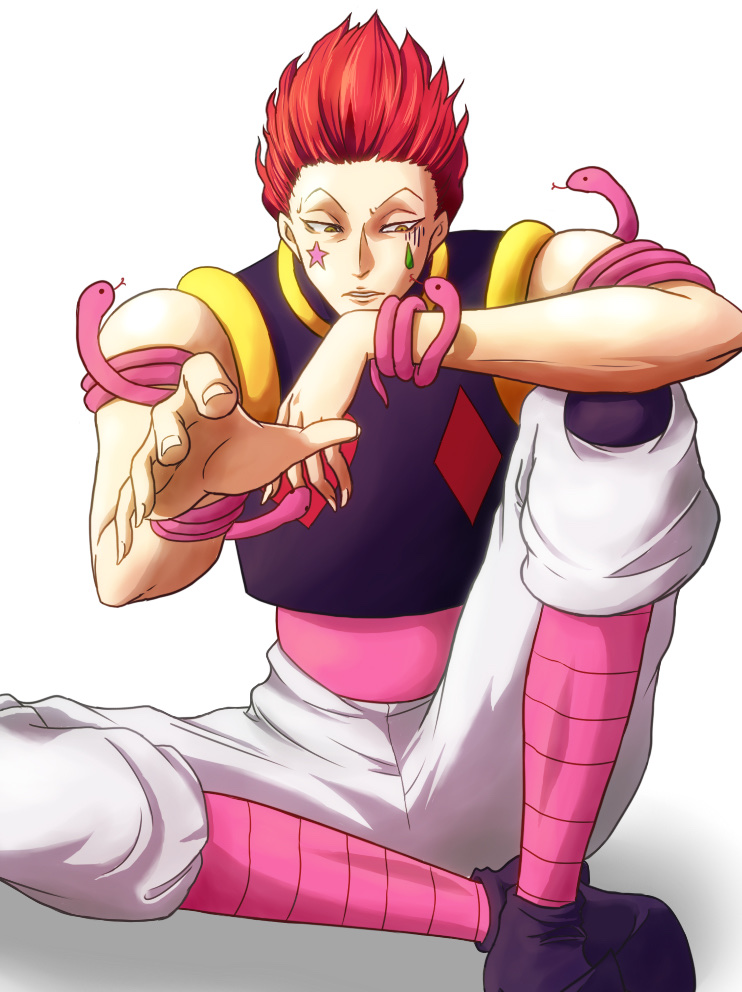 1boy, facial_mark, hisoka_morow, hunter_x_hunter, kei_roku, male_focus, pants, red_hair