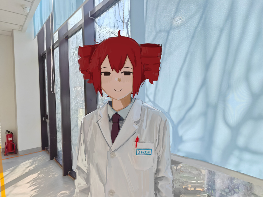 1girl, absurdres, ahoge, brown_necktie, closed_mouth, coat, collared_shirt, commentary