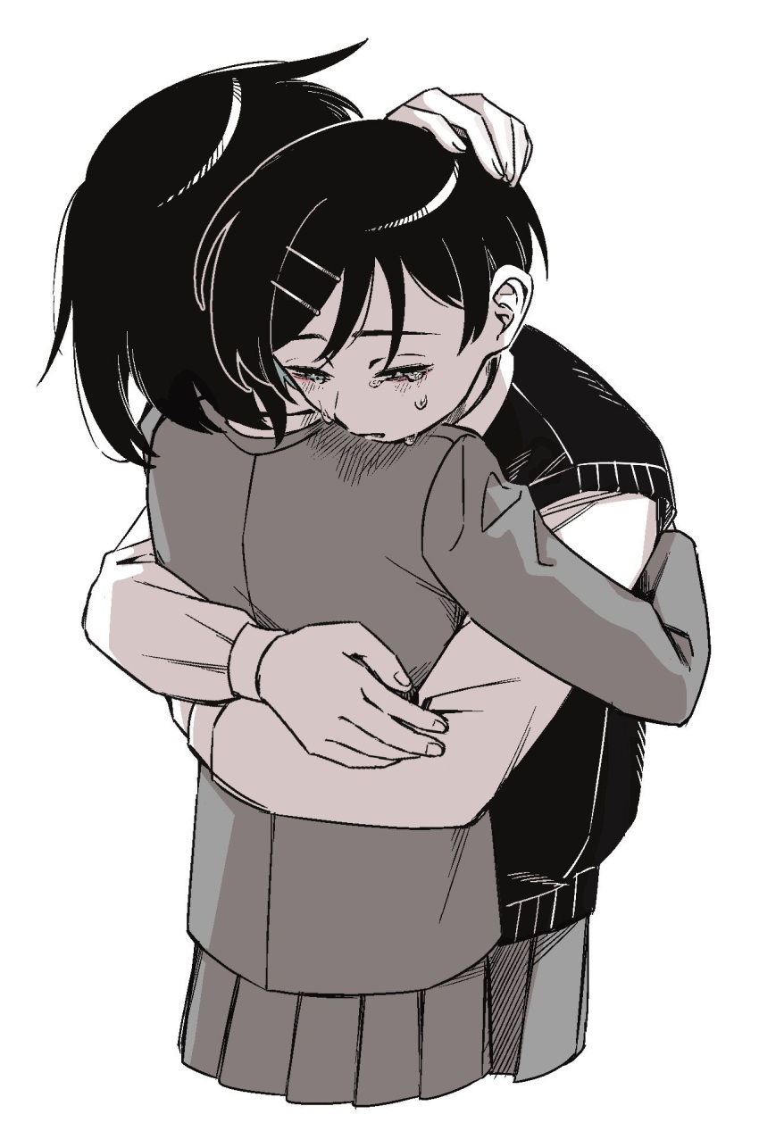 2girls, arms_around_back, blush, comforting, cropped_legs, crying, crying_with_eyes_open, futsuu_no_keion-bu