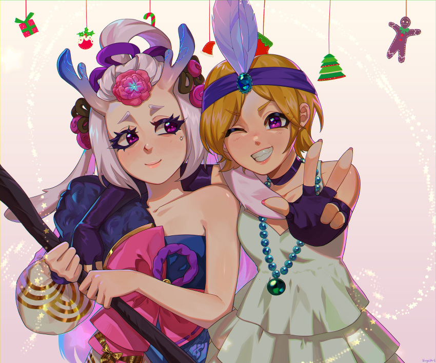 2girls, ;d, absurdres, animal_ears, antlers, black_gloves, blush, candy