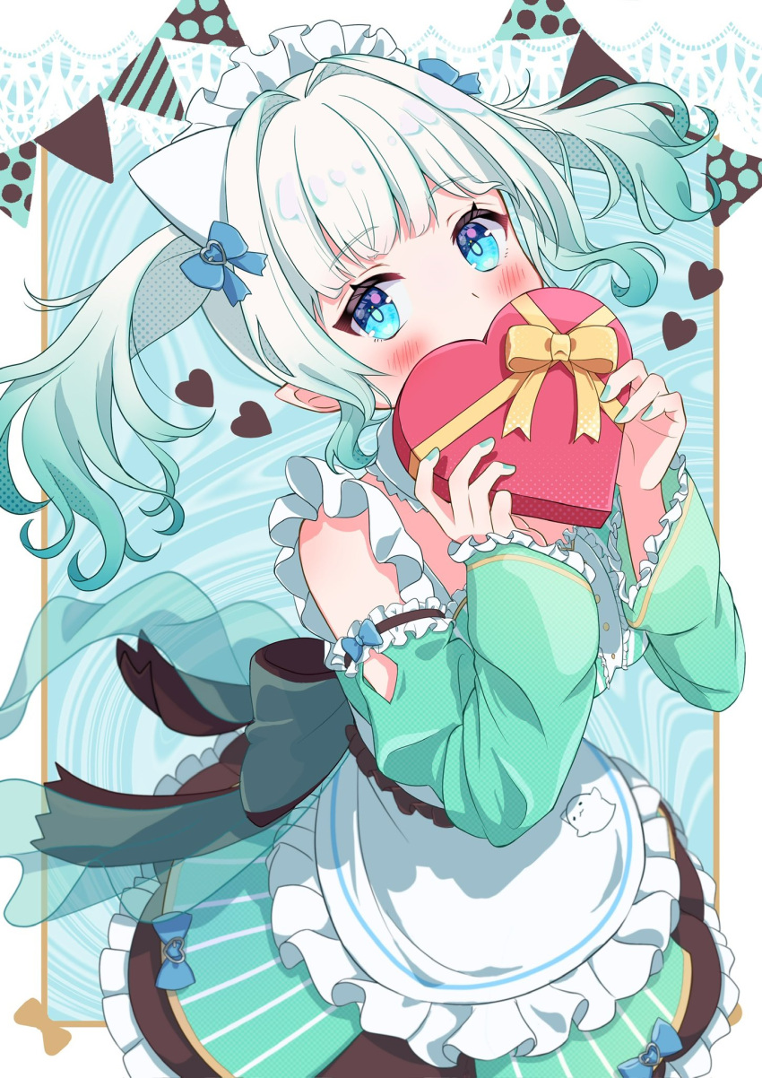 1girl, apron, arms_up, back_bow, bare_shoulders, blue_background, blue_eyes, blush