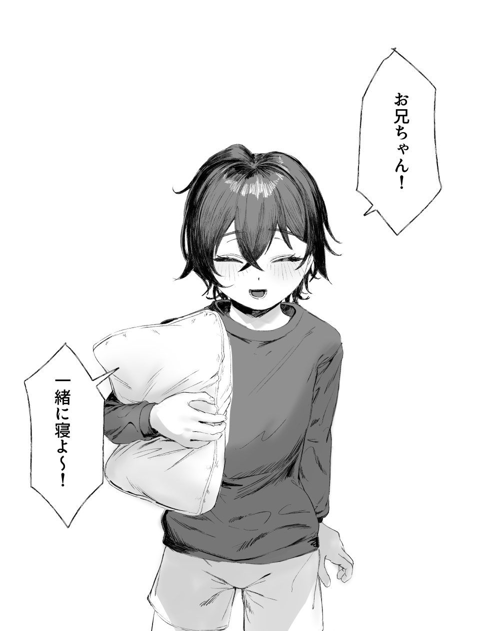 1girl, ^_^, aged_down, belle_(zenless_zone_zero), blush, closed_eyes, greyscale, hair_between_eyes