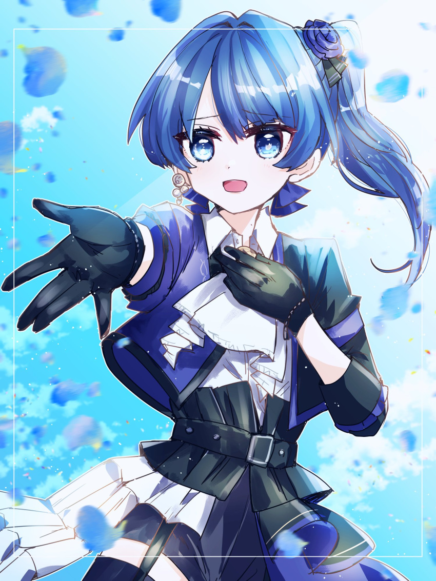 1girl, :d, black_gloves, black_jacket, black_shorts, blue_background, blue_eyes, blue_hair