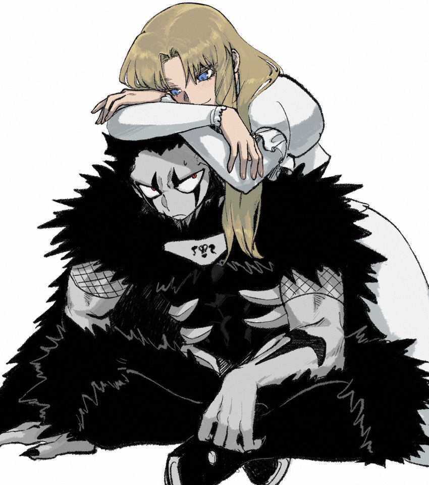 1boy, 1girl, black_hair, black_nails, blonde_hair, blue_eyes, brago_(konjiki_no_gash!!), closed_mouth, colored_skin, commentary_request, crossed_arms, curtained_hair, dress, eye_contact, facial_mark, fingernails, frills, frown, grey_skin, highres, juliet_sleeves, kneeling, konjiki_no_gash!!, konjiki_no_gash!!_2, leaning_on_person, long_hair, long_sleeves, looking_at_another, ozaki_(tsukiko3), parted_hair, puffy_sleeves, red_eyes, ringlets, sharp_fingernails, sherry_belmont, short_hair, sitting, smile, white_background, white_dress