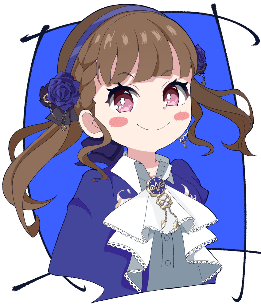 1girl, ascot, black_jacket, blue_background, blue_flower, blue_hairband, blue_rose, blush