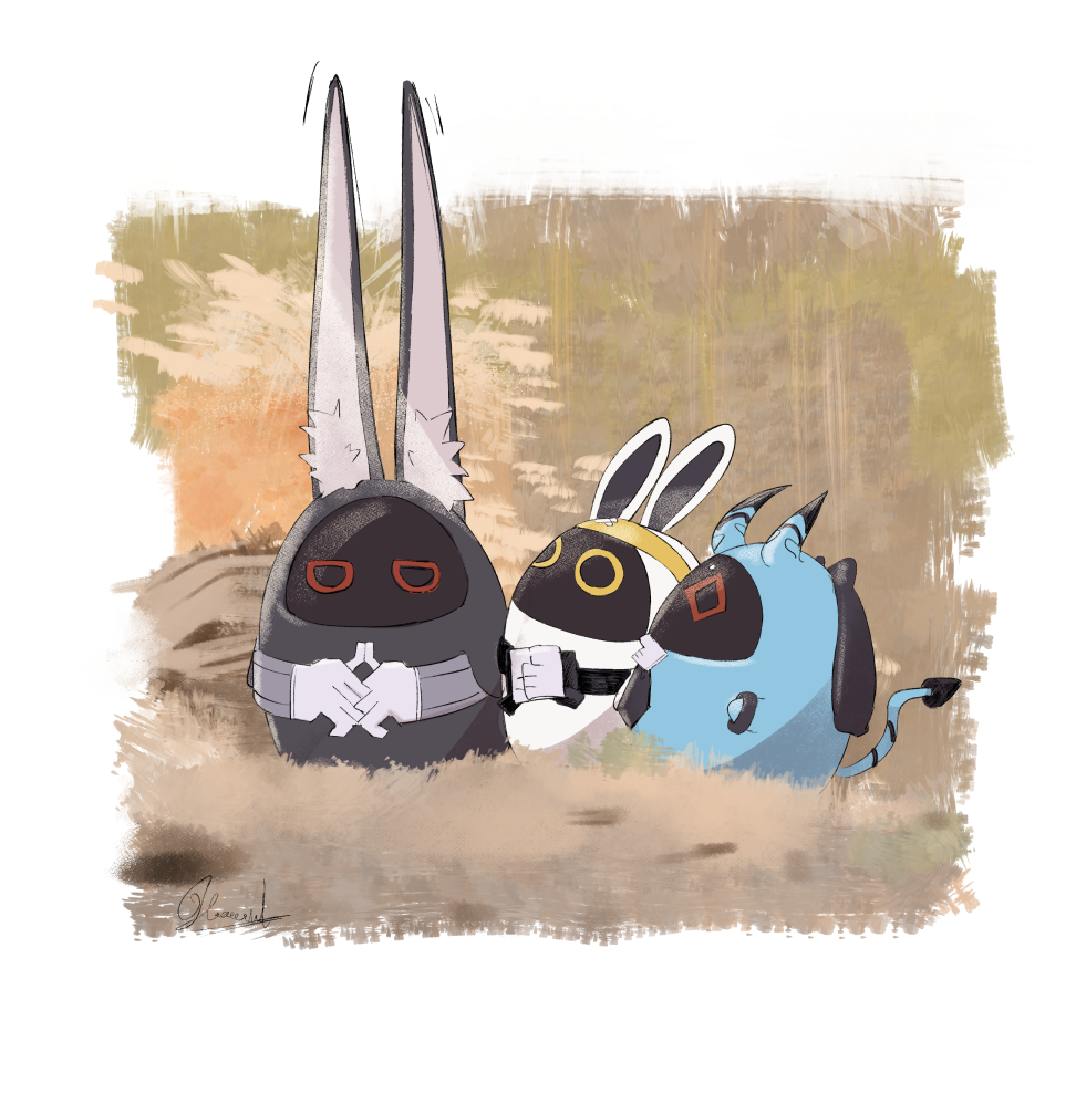 animal_ear_fluff, animal_ears, asaba_harumasa, asaboo_(zenless_zone_zero), bangboo_(zenless_zone_zero), belt, headband, hoooowl, horns, hoshimi_miyabi, miyaboo_(zenless_zone_zero), no_humans, simple_background, soukaboo_(zenless_zone_zero), soukaku_(zenless_zone_zero), tail, white_background, zenless_zone_zero