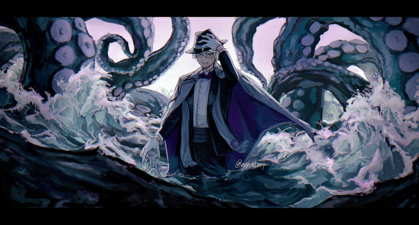 1boy, absurdres, azul_ashengrotto, black_hat, black_jacket, black_pants, cane, collared_shirt