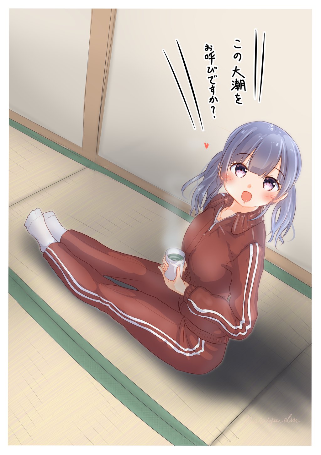 1girl, alternate_costume, breasts, brown_eyes, commentary_request, cup, grey_hair, highres