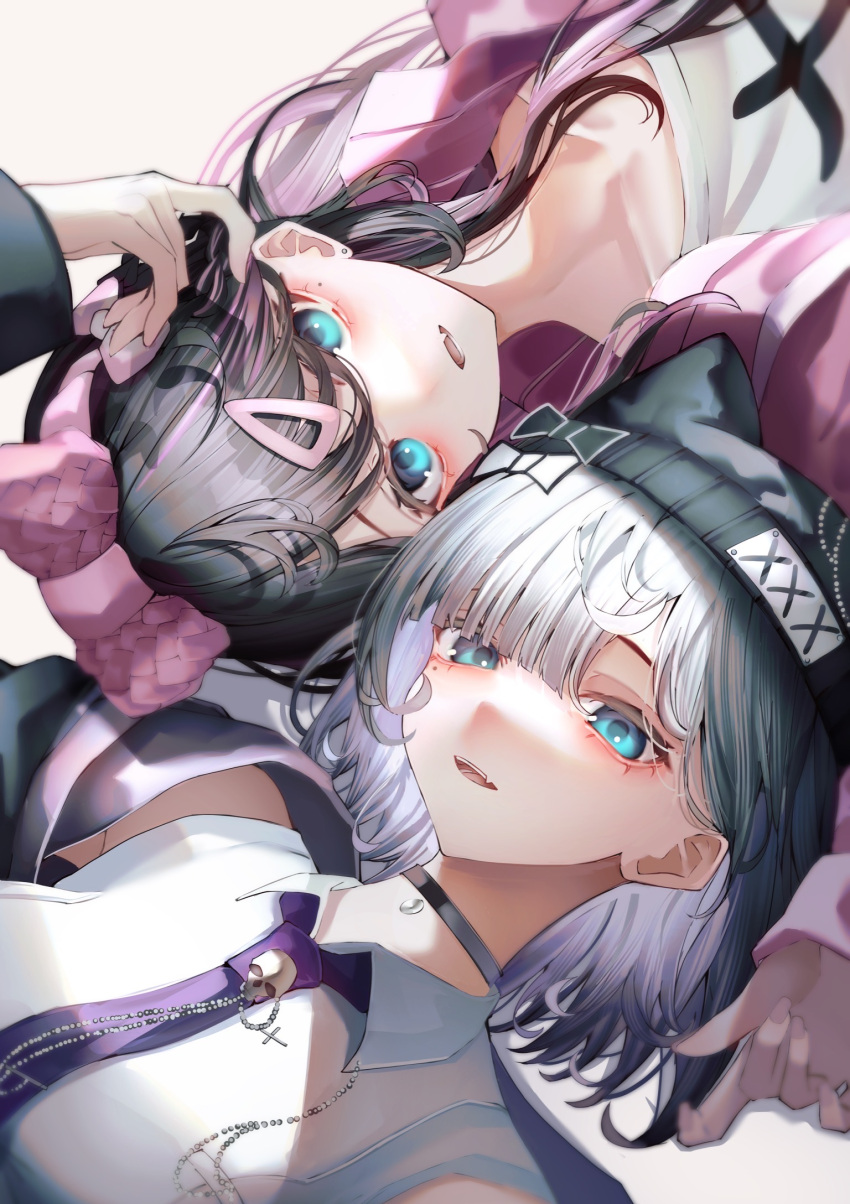 2girls, aqua_eyes, black_choker, black_hair, black_hat, choker, collared_shirt, fang