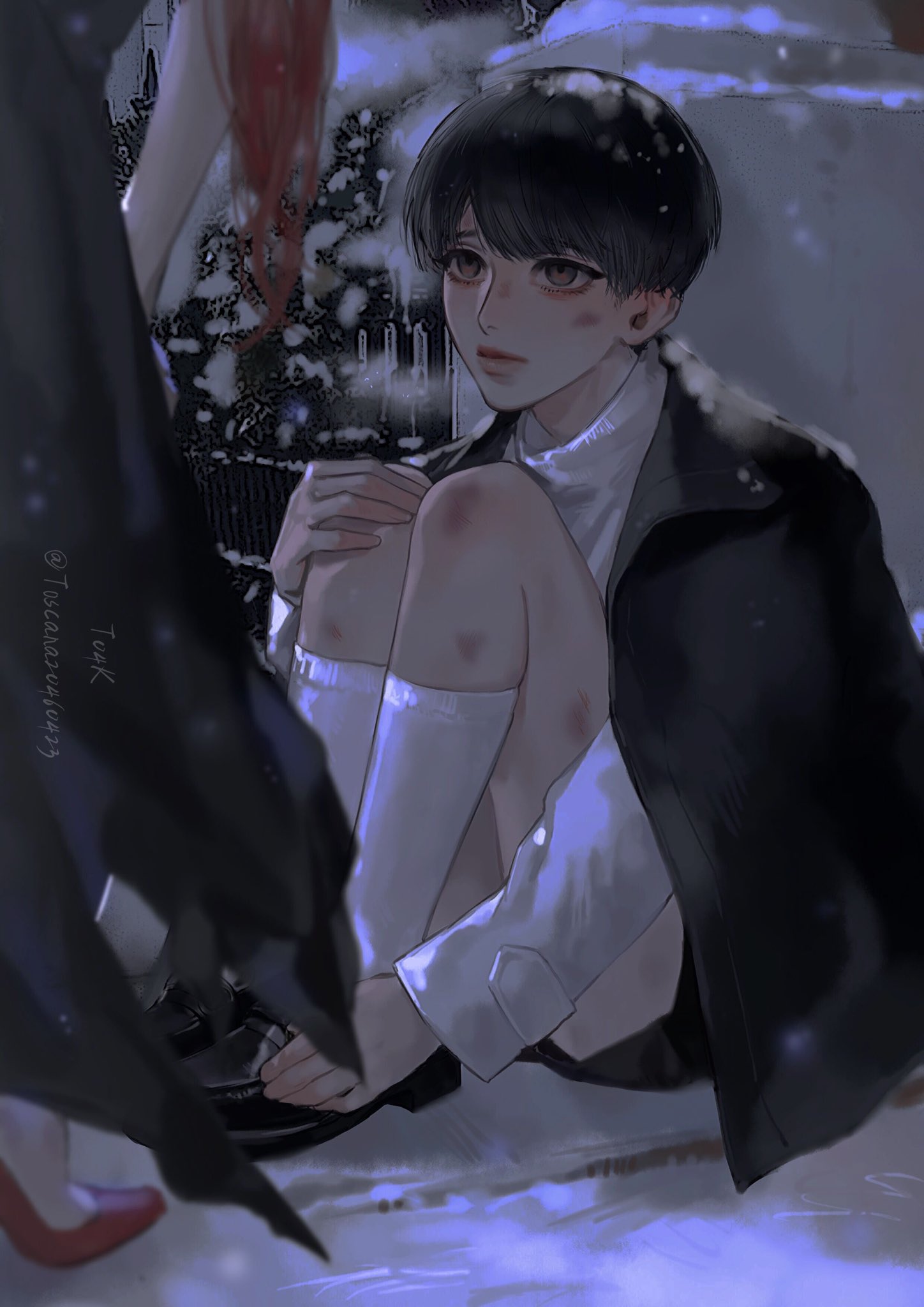 1boy, 1girl, age_difference, artist_name, black_coat, black_hair, black_shoes, black_shorts