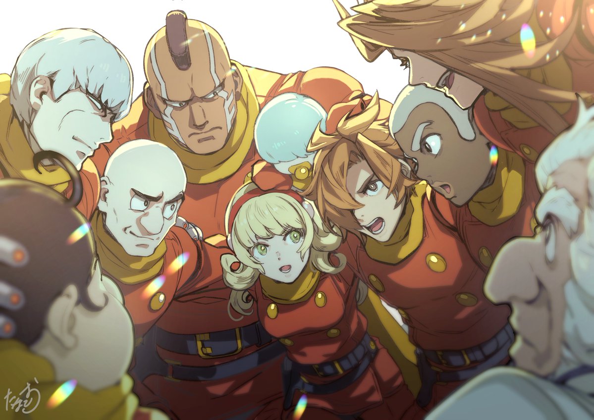 1girl, 6+boys, albert_heinrich, blonde_hair, brown_hair, chang_changku, coat, cyborg
