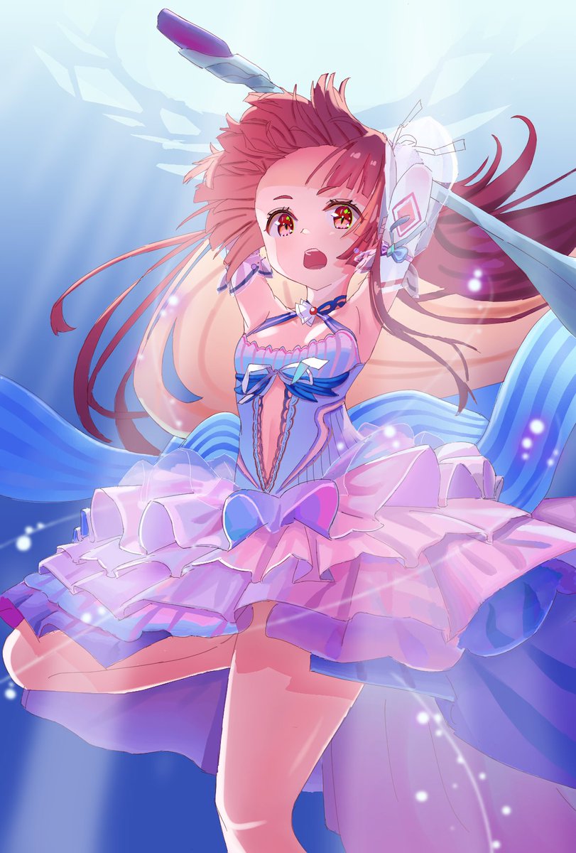 bare_legs, blunt_bangs, dress, heaven_burns_red, highres, holding, holding_weapon, long_hair