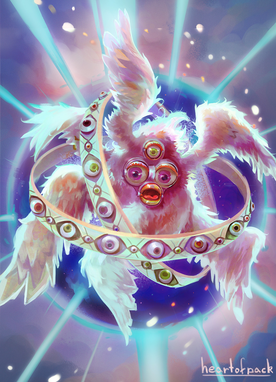 1other, angel, angel_wings, artist_name, biblically_accurate_angel, colored_eyelashes, commentary, english_commentary, extra_eyes, eyelashes, furby, green_eyes, heartofpack, highres, light_particles, multiple_wings, open_mouth, ophan, orange_eyes, original, pink_eyes, third_eye, tongue, violet_eyes, white_fur, white_wings, wings, yellow_eyes