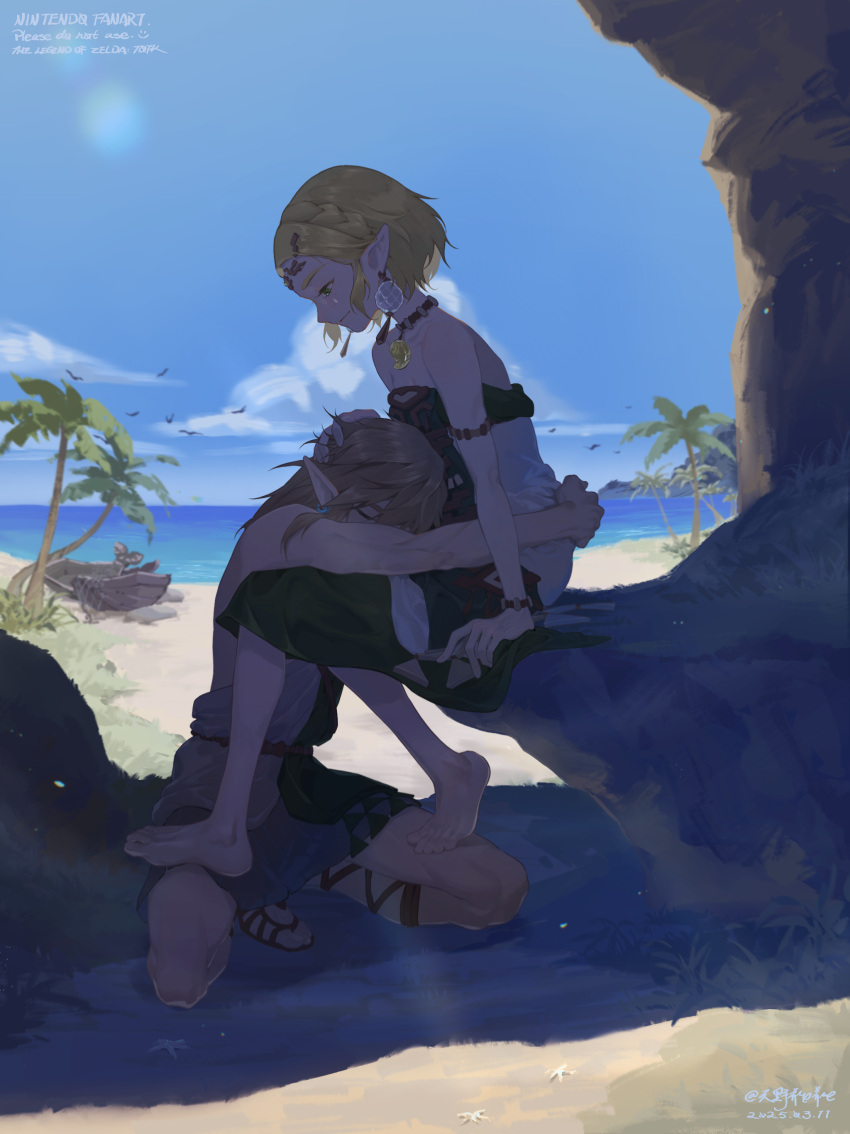 1boy, 1girl, absurdres, archaic_set_(zelda), armlet, barefoot, beach, blonde_hair