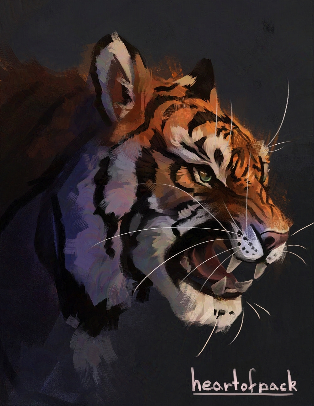 animal, animal_focus, artist_name, commentary, english_commentary, fangs, grey_background, heartofpack, highres, looking_ahead, no_humans, open_mouth, original, profile, sharp_teeth, teeth, tiger, tongue, whiskers, yellow_eyes