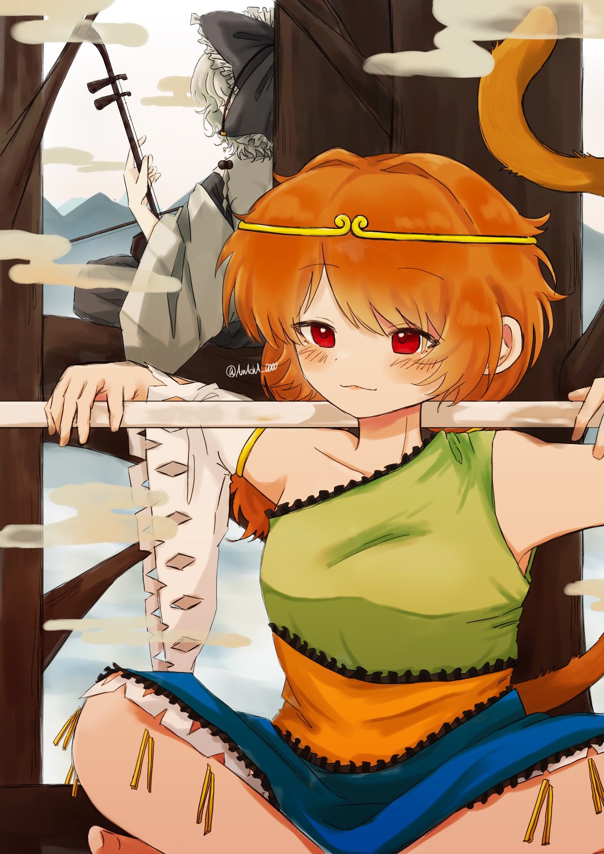 2girls, :3, amacha_0000, bare_arms, blue_dress, bo_staff, bow, brown_hair, brown_tail, circlet, commentary_request, detached_sleeves, dress, erhu, green_dress, grey_bow, grey_hair, grey_skirt, highres, holding, holding_instrument, instrument, japanese_clothes, kimono, monkey, monkey_ears, monkey_girl, monkey_tail, multicolored_dress, multiple_girls, red_eyes, ruyi_jingu_bang, satsuki_rin, single-shoulder_dress, single_detached_sleeve, single_strap, sitting, skirt, son_biten, tail, test_tube, touhou, white_kimono, wide_sleeves, yellow_dress