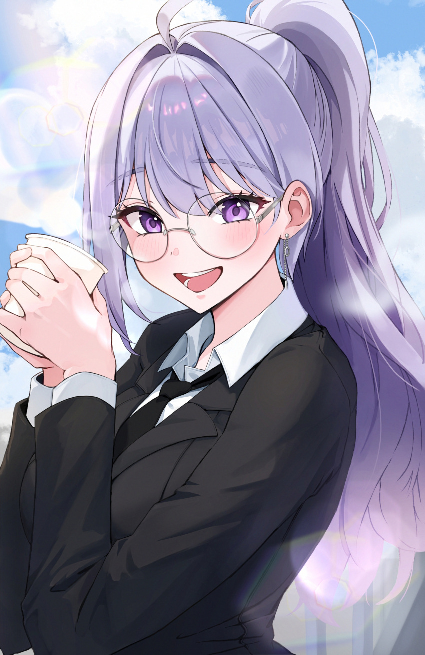 1girl, :d, absurdres, ahoge, black_jacket, black_necktie, blush, clouds