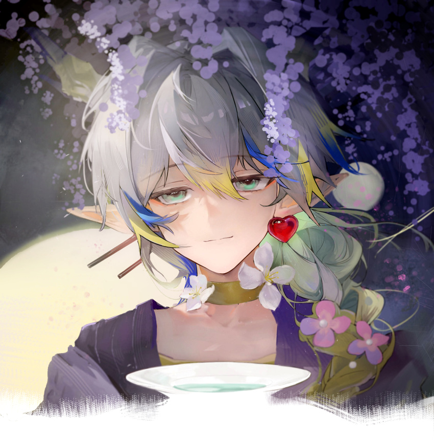 1girl, arknights, blonde_hair, blue_hair, braid, choker, closed_mouth, cup
