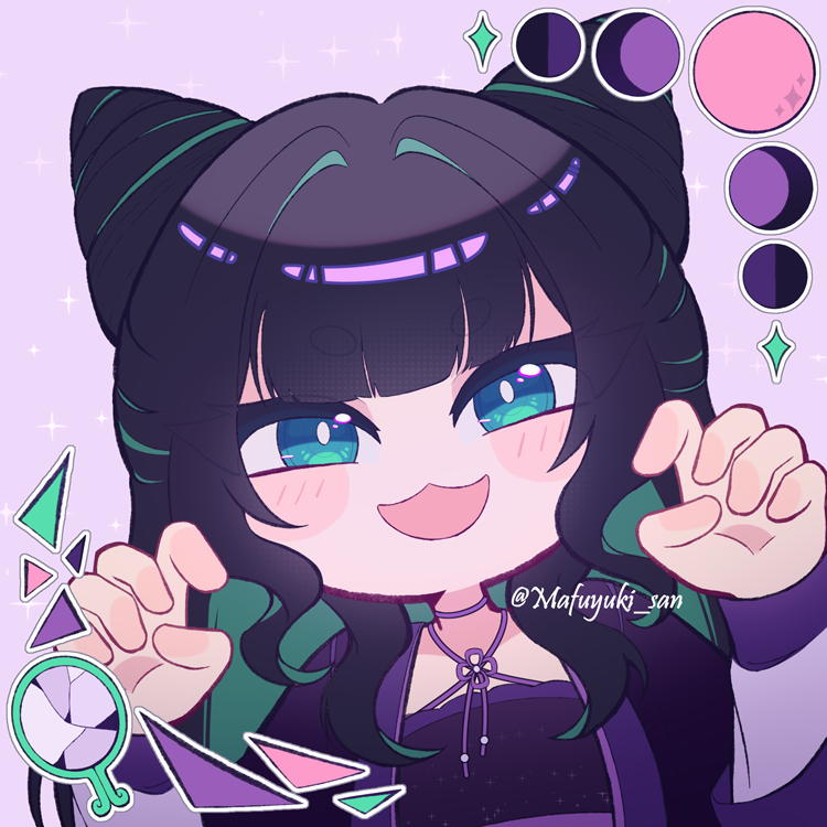 1girl, :3, black_hair, blue_eyes, blunt_bangs, blush, blush_stickers, bright_pupils