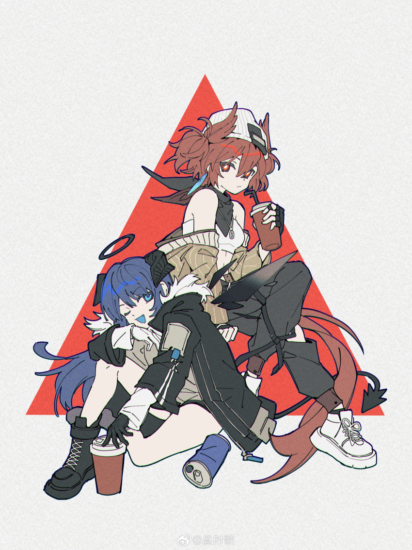 2girls, absurdres, alternate_costume, animal_ears, arknights, asymmetrical_gloves, beanie, bird_ears