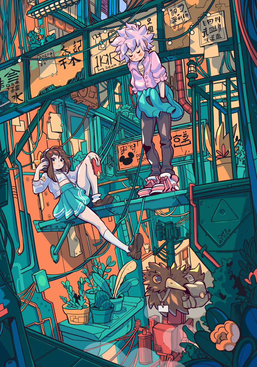 1boy, 1girl, adjusting_headphones, aqua_skirt, aqua_sweater, artist_name, balcony, bird, black_pants, blush, brown_hair, brown_shoes, building, city, cityscape, closed_eyes, closed_mouth, clothes_around_waist, commentary, condenser_unit, crop_top, dated, drainpipe, flower, fluorescent_lamp, grey_headphones, hand_on_own_knee, hands_in_pockets, high_up, highres, holding, holding_phone, jacket, kiwi_(bird), knee_up, lamp, medium_hair, multicolored_jacket, multicolored_shoes, orange_flower, original, outdoors, pants, phone, pink_hair, pink_shirt, pink_shoes, plant, pleated_skirt, potted_plant, power_lines, railing, red_flower, shirt, shoes, short_hair, sign, simz, sitting, skirt, socks, standing, string_of_light_bulbs, sweater, sweater_around_waist, transformer, two-tone_shoes, utility_pole, white_shirt, white_shoes, white_socks
