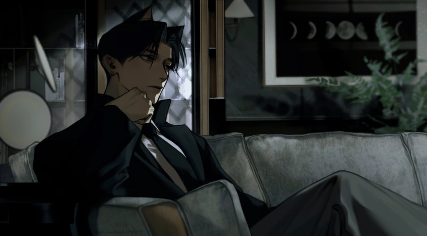 1boy, animal_ears, artist_name, black_hair, black_jacket, black_necktie, blurry, blurry_background, cat_ears, closed_mouth, couch, earrings, eyeshadow, face_in_shadow, grey_eyes, grey_pants, hand_on_own_face, highres, indoors, jacket, jewelry, looking_to_the_side, makeup, male_focus, moon_phases, necktie, on_couch, original, pants, plant, shirt, short_hair, sitting, solo, toscana20460423, twitter_username, upper_body, wall_lamp, white_shirt