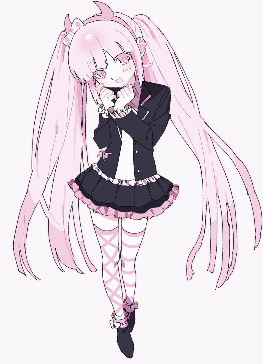 1girl, black_jacket, black_skirt, blazer, blush_stickers, bow, buttons, collared_shirt, colored_eyelashes, danganronpa_(series), danganronpa_another_episode:_ultra_despair_girls, demon_horns, fake_horns, frilled_skirt, frilled_sleeves, frills, full_body, highres, horn_hairband, horns, jacket, lapels, long_hair, looking_at_viewer, miniskirt, mismatched_thighhighs, nial, notched_lapels, open_mouth, pink_eyes, pink_hair, polka_dot, polka_dot_bow, shirt, simple_background, single_blush_sticker, skirt, small_horns, smile, solo, standing, twintails, utsugi_kotoko, very_long_hair, white_background