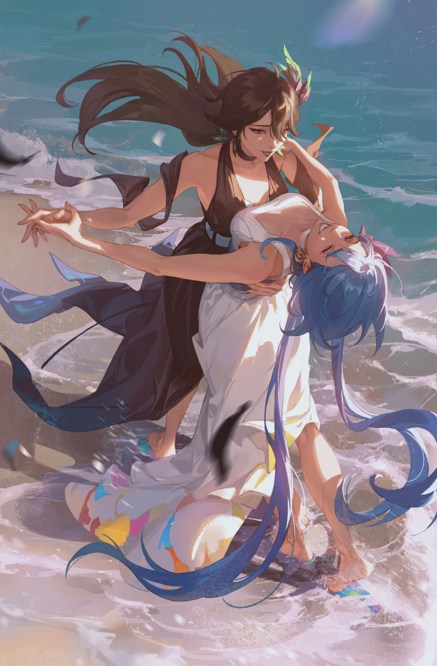 2girls, absurdres, barefoot, beach, black_choker, black_dress, blue_hair, choker, closed_eyes, commentary, crmnlmlfhntr, dancing, dress, earrings, english_commentary, fanfiction_available, full_body, grey_hair, griseo, halter_dress, halterneck, hand_on_another's_back, highres, holding_hands, honkai_(series), honkai_impact_3rd, jewelry, long_hair, low_twintails, multiple_girls, ocean, red_eyes, sand, sleeveless, sleeveless_dress, smile, soaking_feet, twintails, very_long_hair, vita_(honkai_impact), water, white_dress, yuri