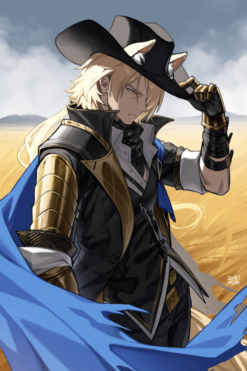 1boy, absurdres, adjusting_clothes, adjusting_headwear, animal_ear_fluff, animal_ears, arknights, armor