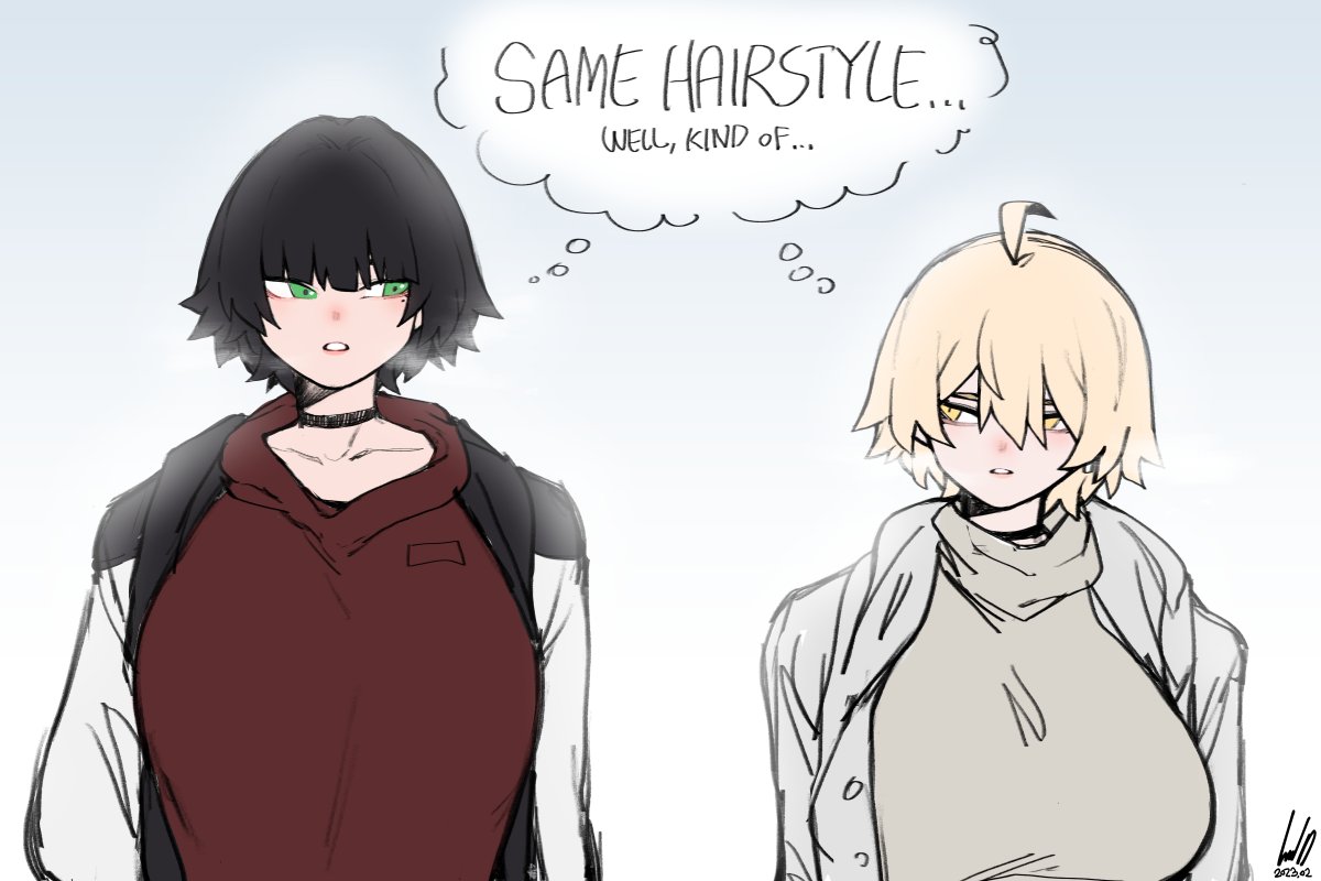 2girls, ahoge, alex_(aestheticc-meme), black_hair, blonde_hair, borrowed_character, breasts, choker