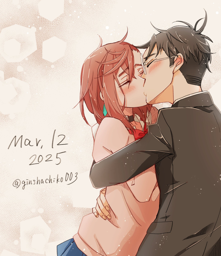 1boy, 1girl, arms_around_back, ayase_momo, black_choker, black_hair, black_jacket, blue_skirt, blush, bow, bowtie, brown_hair, choker, closed_eyes, collared_shirt, commentary_request, couple, dandadan, dated, earrings, gakuran, ginshachi, glasses, hair_between_eyes, hetero, highres, hug, jacket, jewelry, kiss, long_sleeves, medium_hair, miniskirt, pink_sweater, pleated_skirt, red_bow, red_bowtie, round_eyewear, school_uniform, shirt, short_hair, skirt, sweater, takakura_ken_(dandadan), twitter_username, upper_body, white_shirt
