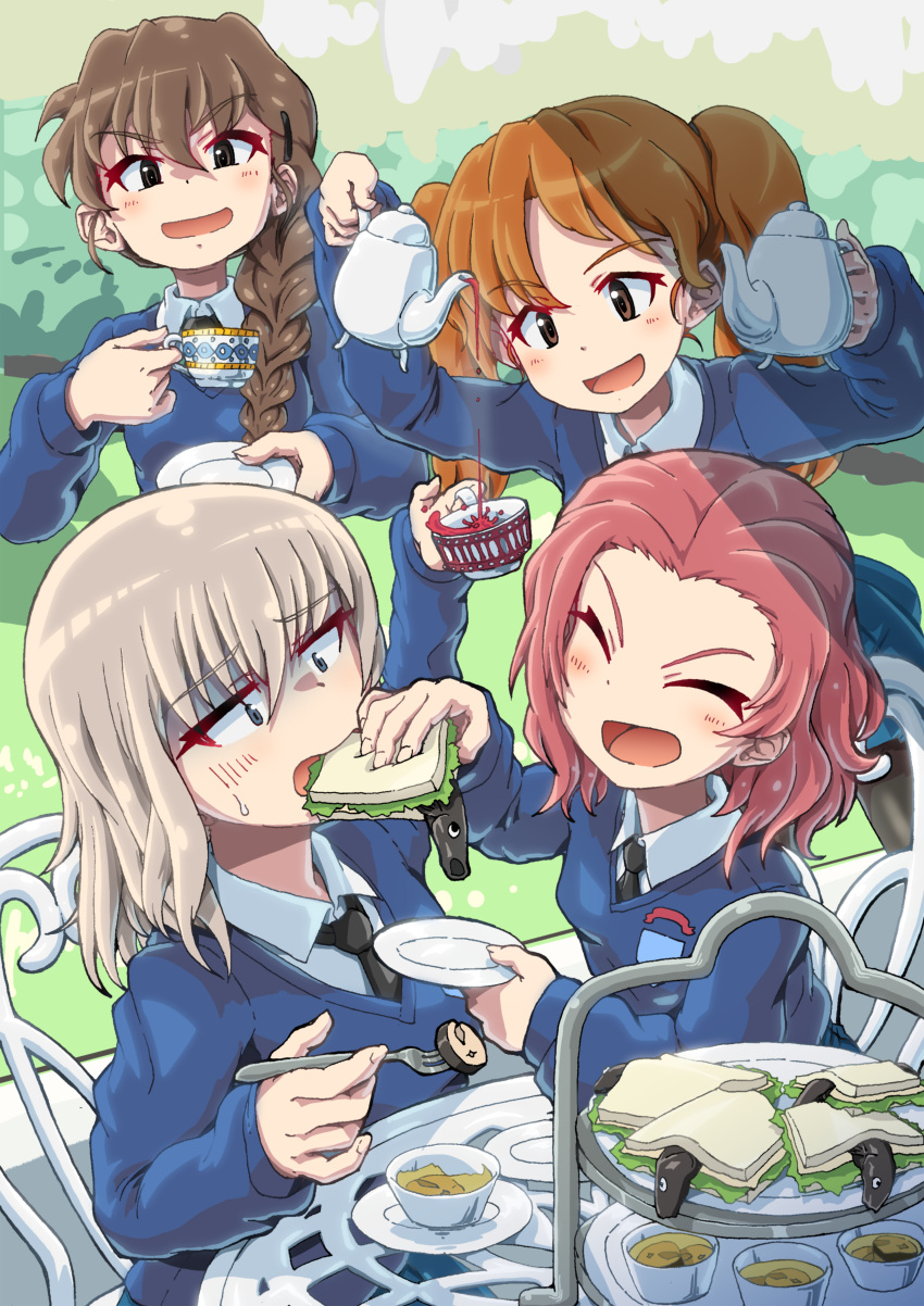 4girls, absurdres, adobe_firefly_(medium), alternate_costume, black_necktie, black_tea, black_thighhighs, blue_eyes, blue_skirt, blue_sweater, braid, brown_eyes, brown_hair, bush, chair, closed_eyes, collared_shirt, commentary_request, commission, cup, cup_holder, eel, feeding, fork, girls_und_panzer, grass, grey_hair, highres, holding, holding_cup, holding_teapot, holding_tray, itsumi_erika, jellied_eel, kuroneko_douji, long_braid, long_hair, long_sleeves, miniskirt, multiple_girls, necktie, on_chair, orange_hair, partial_commentary, photoshop_(medium), pink_hair, pixiv_commission, plate, pouring, rosehip_(girls_und_panzer), rukuriri_(girls_und_panzer), sandwiched, sauce, school_uniform, shirt, short_hair, signature, single_braid, skirt, smile, smug, st._gloriana's_school_uniform, sweat, sweater, table, tea, teacup, teapot, textless_version, thigh-highs, tray, twintails, white_shirt