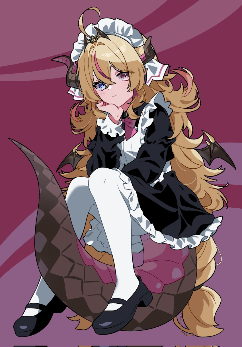 1girl, absurdly_long_hair, ahoge, black_dress, black_shoes, blonde_hair, blue_eyes, blush