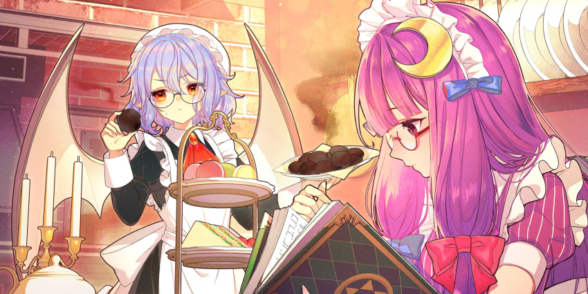 2girls, alternate_costume, apron, ascot, bat_wings, black_dress, blue_bow, blue_hair